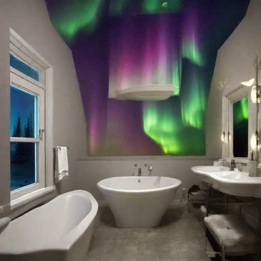 Prompt: northern lights in a bathroom
