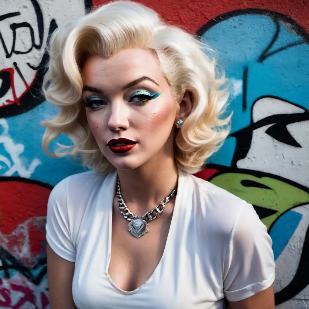 Prompt: Artistic photo portrait. Cinematic Lighting. Skatepunk Marilyn Monroe look-alike poses on Venice Beach in front of Marilyn Monroe graffiti portrait. Facial details. Unkempt hair. Close up of face. 