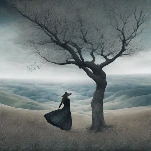 Prompt: This lonely beautiful lady, She remains an intricate tapestry of unanswered questions and tantalizing mysteries art by Daria Endresen, Clifford Coffin, Lin Fengmian, Elger Esser, Rimel Neffati. 3d, watercolors and ink, beautiful, fantastic view, extremely detailed, intricate, best quality, highest definition