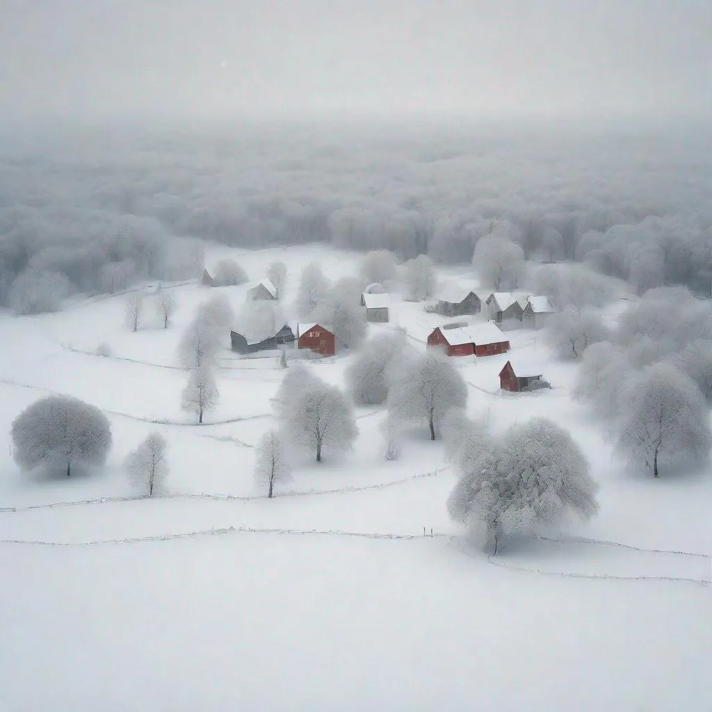 Prompt: Winter landscape, snow blizzard, an isolated village, trees covered with snow, a sense of peace, tranquility and a hauntedly beauty In style of Akos Major, Carsten Meyerdierks, Lee Madgwick. 
elegant intricate beautiful award winning fantastic view ultra detailed, high definition 