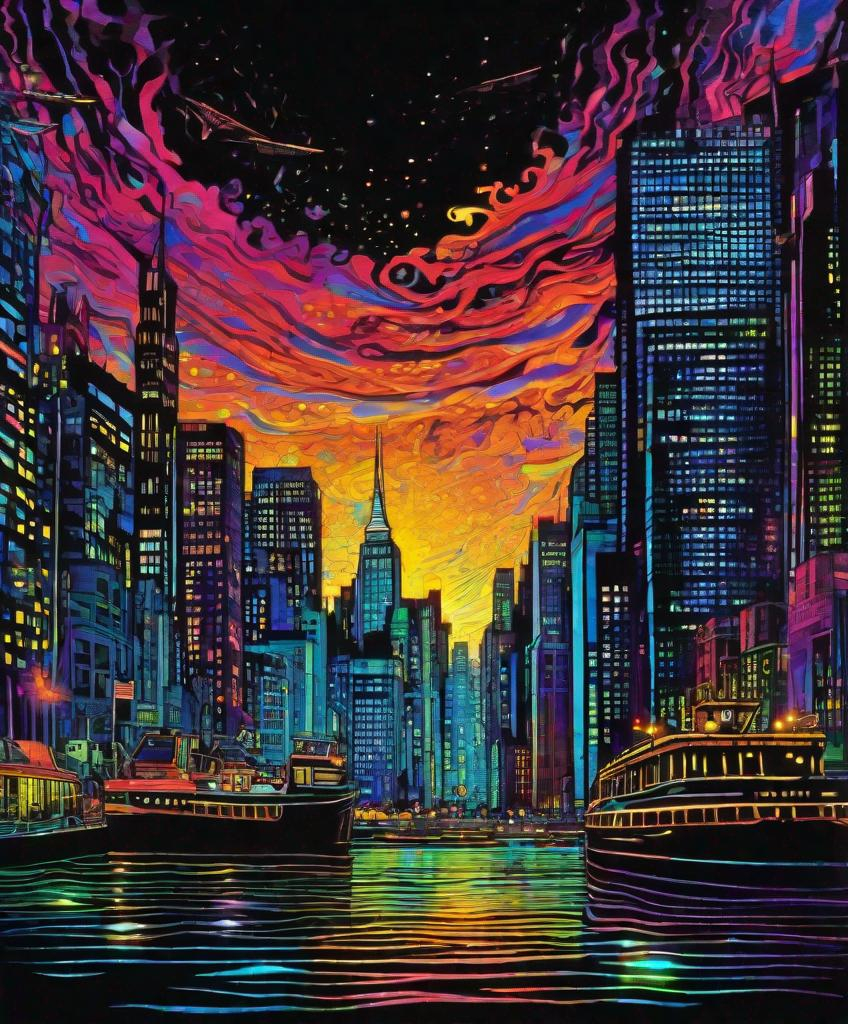 Prompt: beautiful and masterpiece posca pen and ink oultine of an New York, harbour with a photonegative refractograph portal, the portal has coloured magic dust moving around it in fluid motion, cinematic and atmospheric in the style of an american manga 