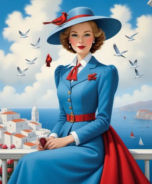 Prompt: Charming cute Curious Carol, charismatic chairgirl of compassionate consciousness city company, chasing clouds, cardinal and Capri blue and cerise classy clothes, art style by Fred Calleri, Barbara Chichester, catrin welz-stein, Catherine Holman, Bill Carman