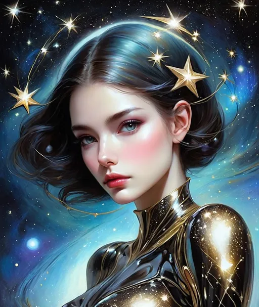 Prompt: Very beautiful Alien woman holding space debris and stars, Dorina Costras, Sandra Chevrier, Whimsical style, 