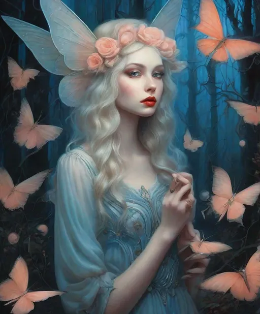 Prompt: Girl surreal gothic rebellious fairy, 3/4 portrait, Sabbas Apterus, Herbert Bayer, Bridget Bate Tichenor, Henry Selick, Pal Szinyei Merse, Stanislaw Szukalski, Adolf Wolfli, my lost childhood, extremely detailed, whimsical gothic night forest, blue tones, peachy colored, light salmon, cyan, turquoise, floral, lighting paint,