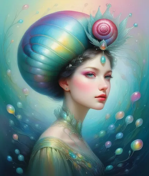 Prompt: A beautiful iridescent snail queen, beautiful iridescent shell as a crown, she is beautiful dazzling, glistening rainbow, iridescent shells, beautiful face, shimmering, caia Koopman, Hiro isono, Van Gogh, endre penovac, catrin welz-stein, Jean Baptiste monge, Gerhard Richter, sascalia, Amy sol. Watercolor impasto, Highly detailed, intricate, crossed colors, beautiful, high definition, fantastic view. 3d, iridescent Watercolors and Ink, intricate details, volumetric lighting 