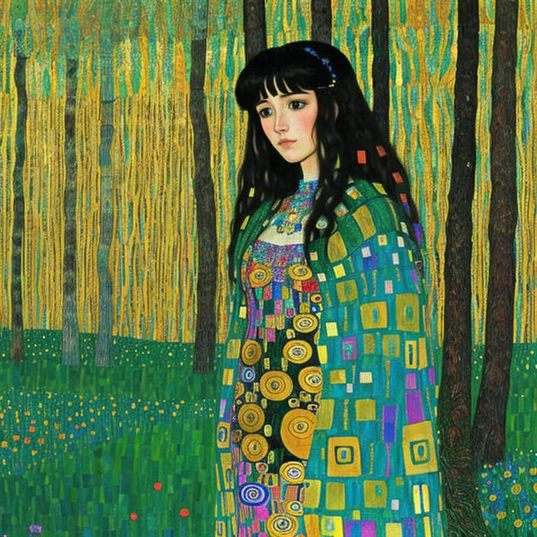 Prompt: The beautiful young lady, She comes in colors everywhere She combs her hair She's like a rainbow Coming, colors in the air Oh, everywhere She comes in colors, Gustav Klimt, Carboniferous Forest