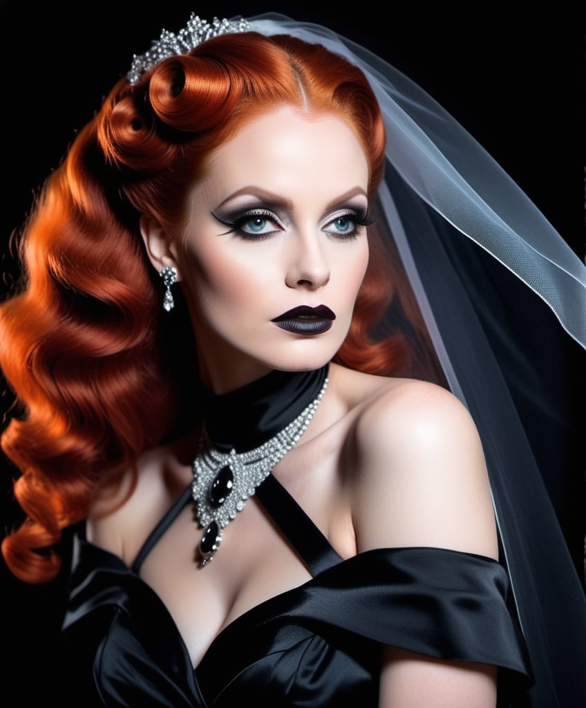 Prompt: bridal glamour wedding portrait, Bride of Frankenstein, Universal horror, intense gaze, direct eye contact, big pleading eyes, big wild flowing spiral hair, goth, dressed in dark-black black sci-fi couture wedding dress with white accents, pale smooth milky white skin, fiery redhead ginger stylized retro hair, bridal veil over her face, darkness except for light on her face, romantic dreamy angelic luminous quality, low key black image, jet-black background, in the style of Richard Avedon, retrofuturistic film noir photography, professional black and white photography, fashion glamour photo: