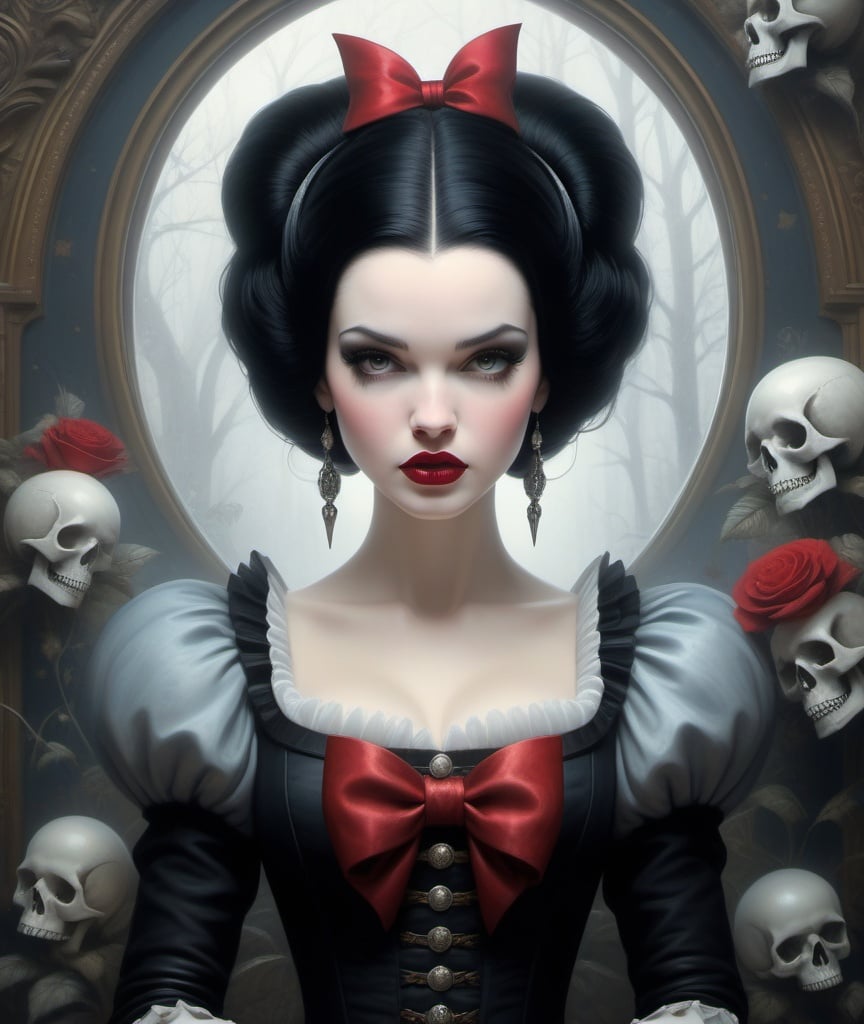 Prompt: Punk graffiti snow white, Sabbas Apterus, tom Bagshaw, ray Caesar, Michael hussar, Gerald Brom, horror fairy tale, very detailed, high definition, crisp quality, cinematic smooth, cinematic lighting, ultrarealistic, crispy focus.