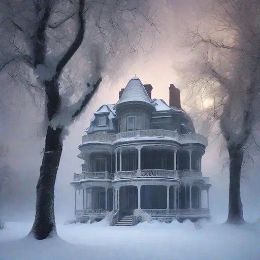 Prompt: Winter landscape, snow blizzard, an isolated haunted mansion, trees covered with snow, a sense of peace, tranquility and a hauntedly beauty, Twilight rays, a midnight eerie sun, In style of Akos Major, Carsten Meyerdierks, Lee Madgwick. 
elegant intricate beautiful award winning fantastic view ultra detailed, high definition 