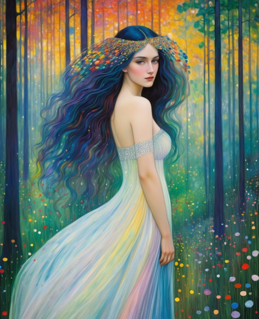 Prompt: The beautiful young lady, She comes in colors everywhere She combs her hair She's like a rainbow Coming, colors in the air Oh, everywhere She comes in colors, Gustav Klimt, Carboniferous Forest