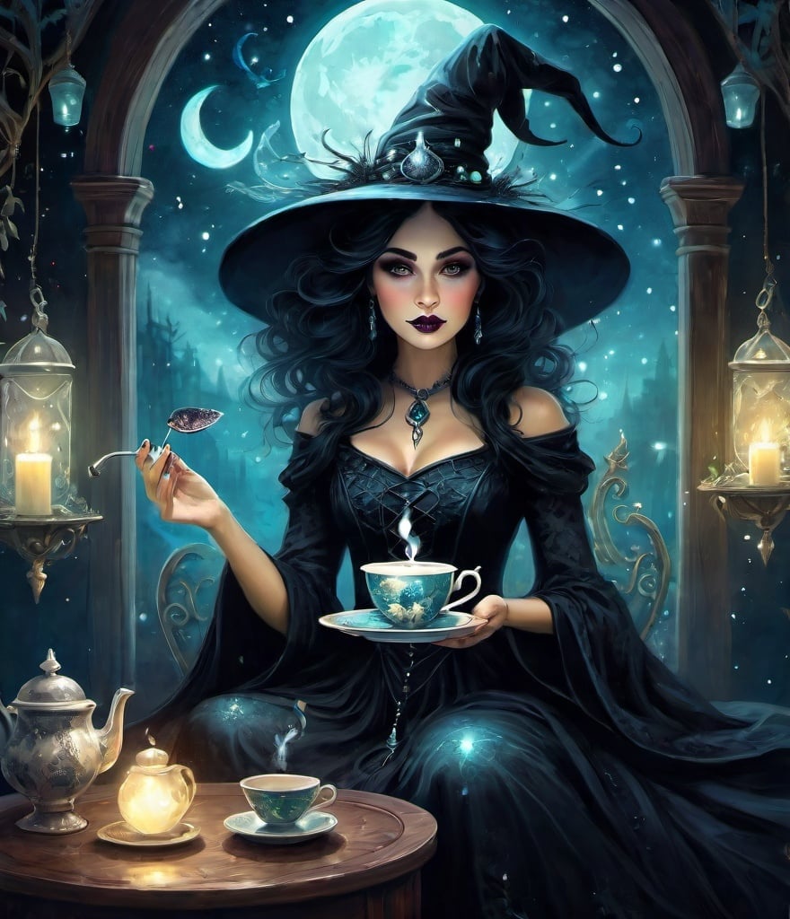 Prompt: A beautiful witch sitting having glowing magical tea, in the style of whimsical dreamscapes, gothic references, Tatiana Suarez, Christian Schloe, Yuko Shimizu, Daniel Merriam, James Eads, Mothmeister, lively tavern scenes