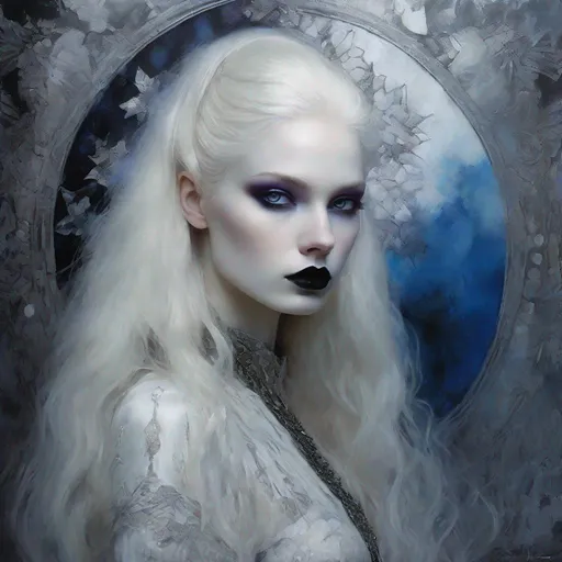 Prompt: A very beautiful albino girl witch, Violet eyes, heavy blue eyeliner, black lipstick,  long hair, black and silver ethereal clothes art by  William Oxer, Nickolas Muray, Aliza Razell, Charles Robinson, esao Andrews. Ethereal background, Mixed media, 3d, extremely detailed, intricate, high definition, crisp quality 