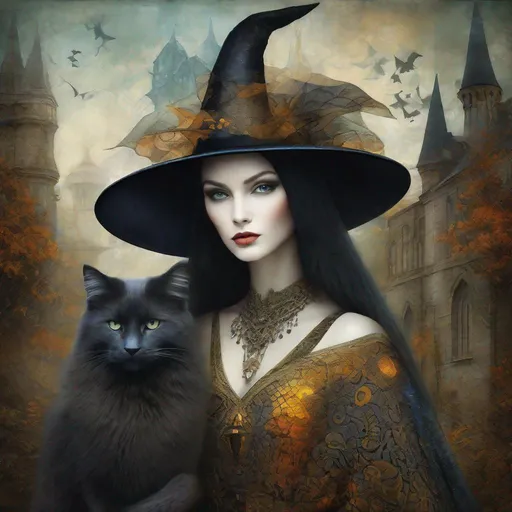 Prompt: A beautifull gothic witch and her fluffy bicolor magical cat art style by Masaaki Sasamoto, Philip Treacy, Eduard Veith,  Christian Schloe, endre penovac, catrin welz Stein, Mondrian, James jean. High quality, highly detailed, intricate details.dynamic lighting award winning fantastic view ultra detailed high definition hdr focused glow shimmer