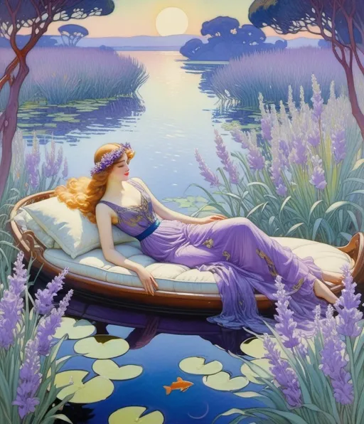 Prompt: Style by Louis Ritman, Loie Hollowell, Cathy Locke,  Louis Rhead; Luna, a luminous girl with lustrous locks, lounges lazily atop a lagoon, while a leaping lemur, adorned with lavender leaves, leaps lithely beside her, amidst lilting lilies and lavender mist