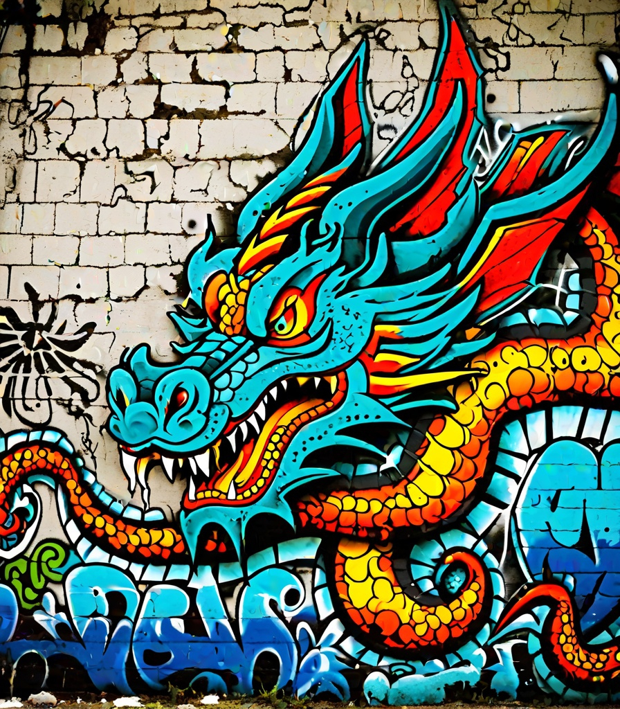 Prompt: graffiti hippy boho abstract dragon on an old cement wall, grungy