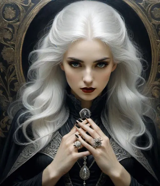 Prompt: A vampire woman. White hair. Metallic Silver shining eyes. Black nails. Blame. Rings on her fingers. Anthotype print. Agostino Arrivabene, Alessio Albi, Esao Andrews. Oil painting. opart moire.