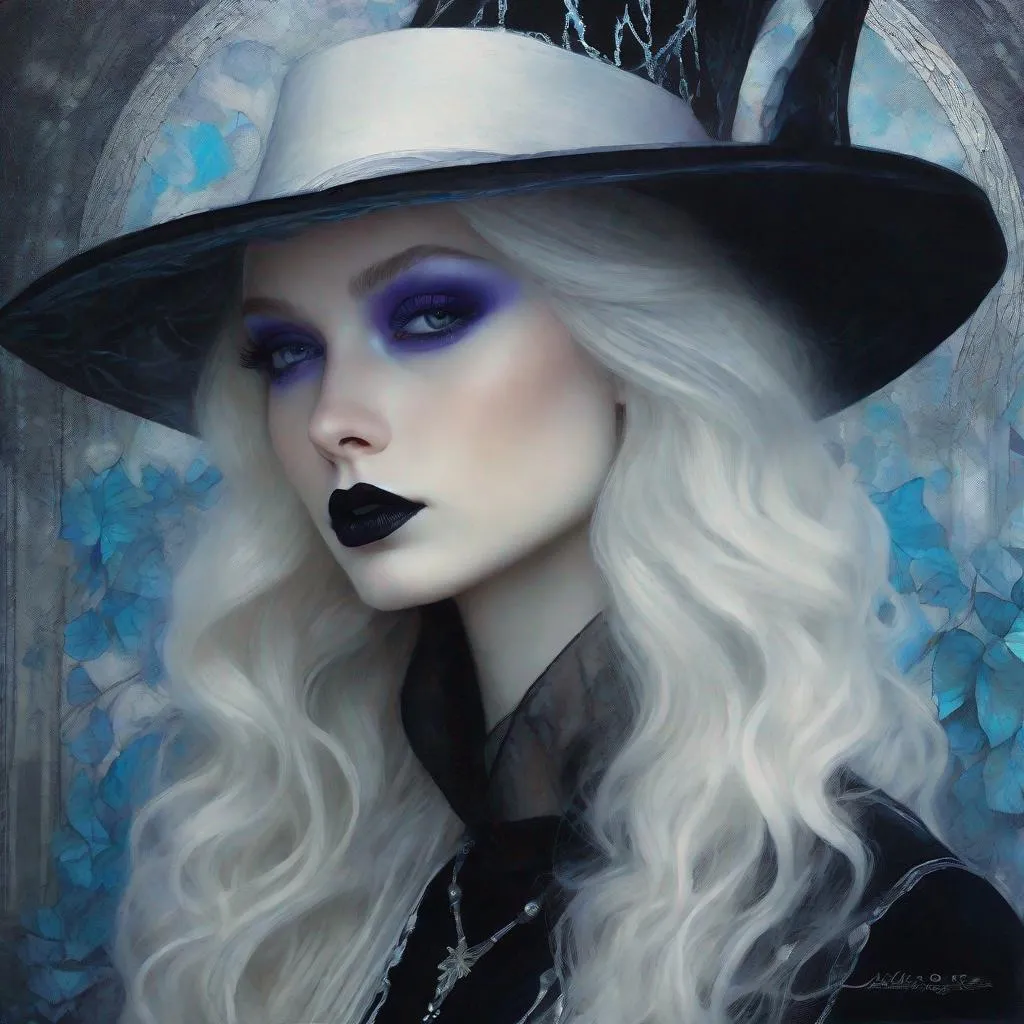 Prompt: A very beautiful albino girl witch, Violet eyes, heavy blue eyeliner, black lipstick,  long hair, pointy hat, black and silver ethereal clothes art by  William Oxer, Nickolas Muray, Aliza Razell, Charles Robinson, esao Andrews. Ethereal background, Mixed media, 3d, extremely detailed, intricate, high definition, crisp quality 