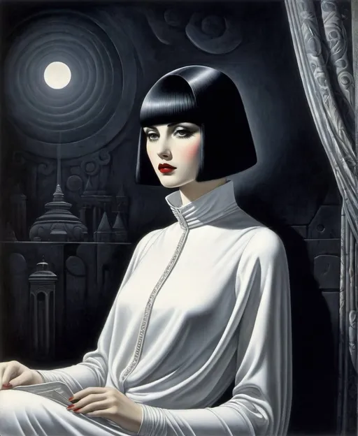 Prompt: She lingers, a sad specter in a shallow world, such a beautiful solitary figure, whose soul has grown to turn cruel and unkind, existence, a burden she cannot bear anymore, Guido Crepax, Mark Brooks, Marsden Hartley, Nicoletta Ceccoli, James Rizzi