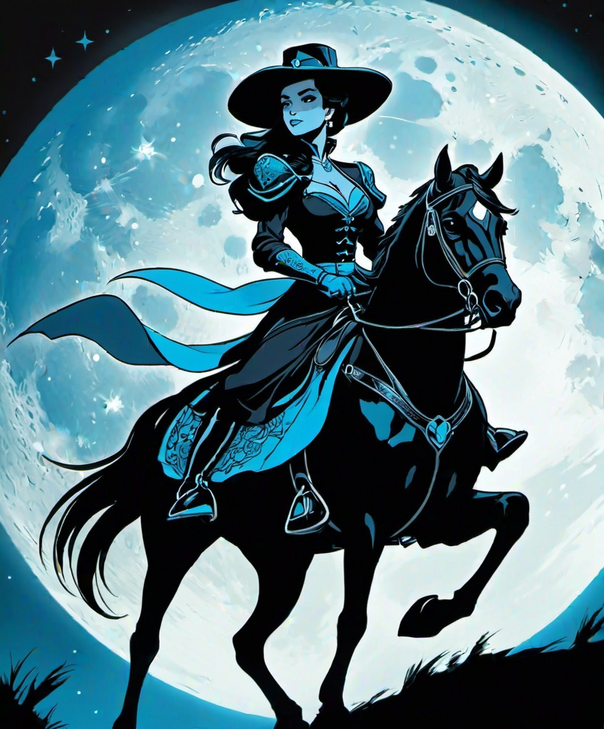 Prompt: Zorro as a woman, riding a horse while looking up at the full moon, in the style of black and azure, lunarpunk, disney animation, creative commons attribution, luminous palette, heistcore, flowing silhouettes, photonegative refractograph 