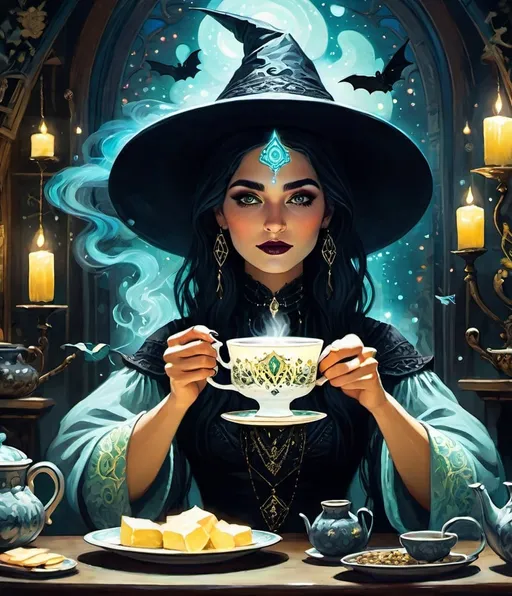 Prompt: A beautiful witch sitting having glowing magical tea, in the style of whimsical dreamscapes, gothic references, Tatiana Suarez, Klimt, Masaaki Sasamoto, Daniel Merriam, James Eads, Mothmeister, lively tavern scenes