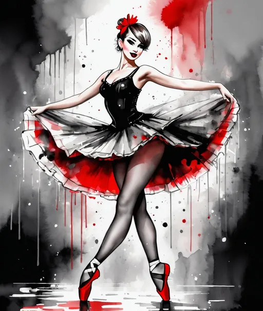 Prompt: a beatnik ska trash polka young lady ballerina, flirting, watercolores, black, gray, white and red, with big attitude, on vaudeville stage