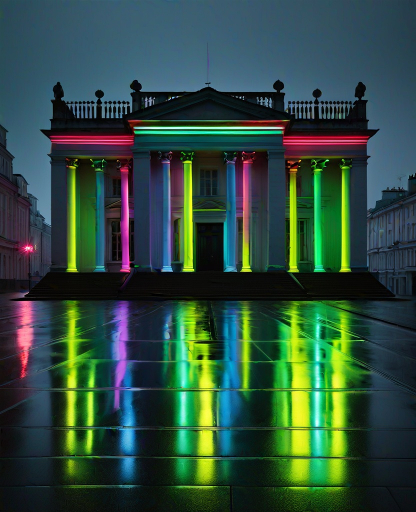 Prompt: neon bifrost of Georgian Architecture, by akos major, minimal figures in neon coats