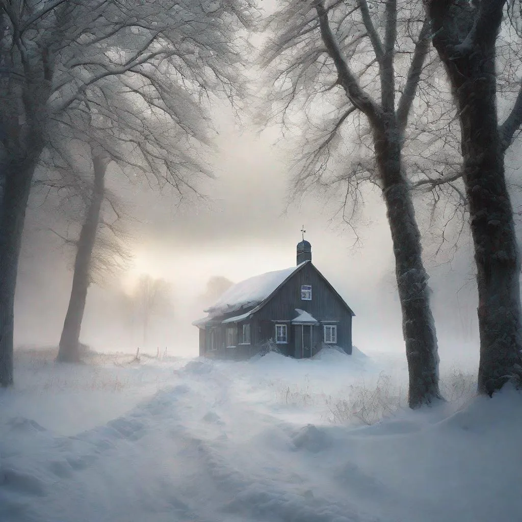 Prompt: Winter landscape, snow blizzard, an isolated village, trees covered with snow, a sense of peace, tranquility and a hauntedly beauty, god rays, a midnight eerie sun, In style of Akos Major, Carsten Meyerdierks, Lee Madgwick. 
elegant intricate beautiful award winning fantastic view ultra detailed, high definition 
