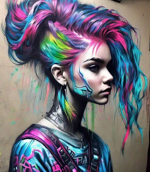 Prompt: colored chalk graffiti hairstyle extreme, full length portrait, futuristic and fantastic and extreme detail 