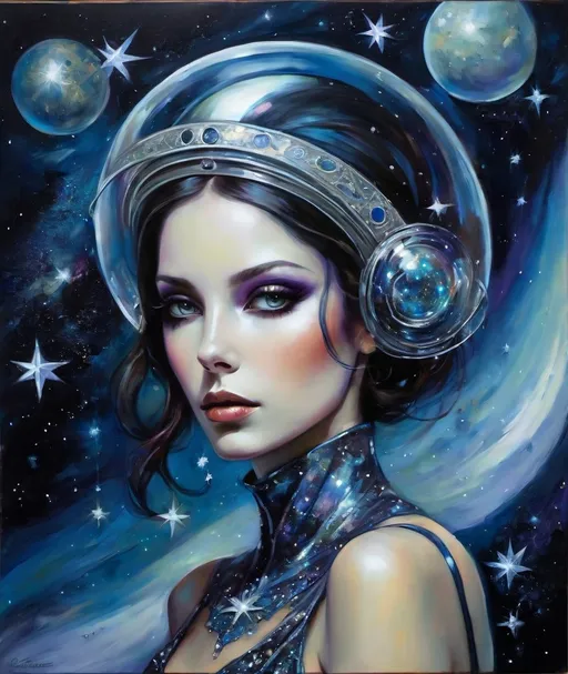 Prompt: Very beautiful Alien woman holding space debris and stars, Dorina Costras, Sandra Chevrier, Whimsical style, 