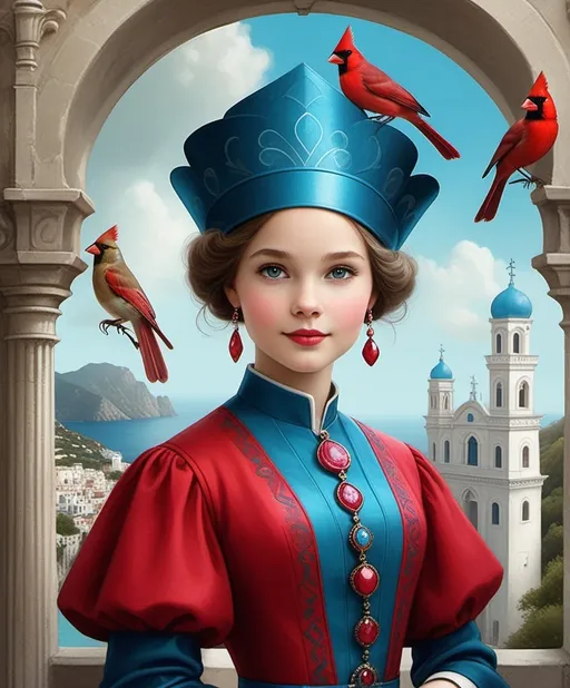 Prompt: Charming cute Curious Carol, charismatic girl of compassionate consciousness Celestine city, cardinal and Capri blue and cerise classy clothes, art style by Barbara Chichester, Luke Chueh, Petah Coyne, Lisa Congdon, catrin welz-stein, Guy Coheleach