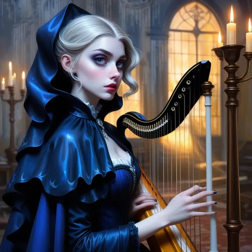 Prompt: scribble drawing, using oil contouring and charcoal featuring a melancholic gothic young woman wearing a retro opalescent dark indigo cape dress with white stitches, rockabilly ombre hairstyle, honey eyes, playing a harp in an abandoned old mansion lighted by candelabra followed by abstract owl figures. style by Mike Dargas, Gary Bunt, Van Gogh in acrylic 3d impasto style.