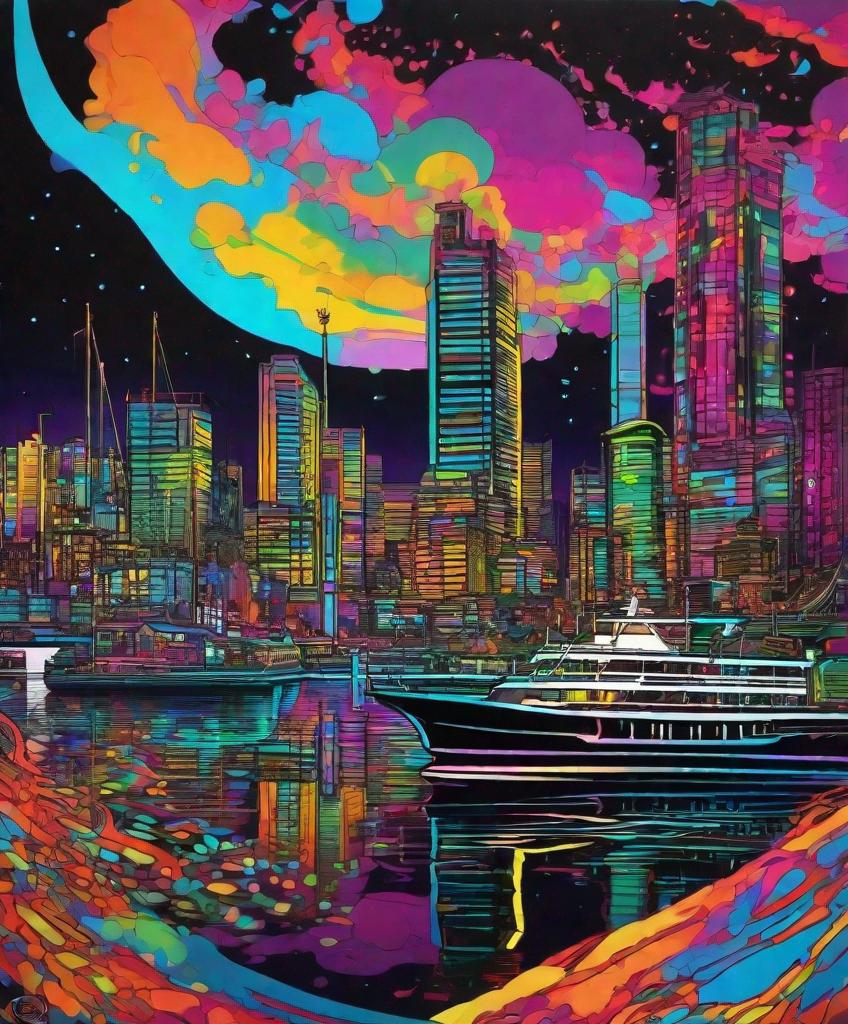 Prompt: bright colored beautiful and masterpiece posca pen and ink oultine of an uSydney harbour with a photonegative refractograph portal, the portal has coloured magic dust moving around it in fluid motion, cinematic and atmospheric in the style of an american manga