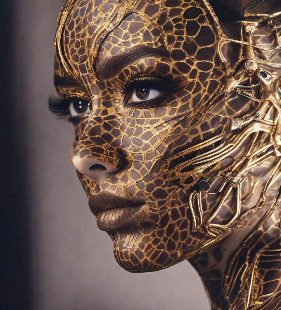 Prompt: Portrait photograph of a beautiful female android, cinematic in style, Tortoiseshell pattern skin, laser etched gilt eyebrows and lashes