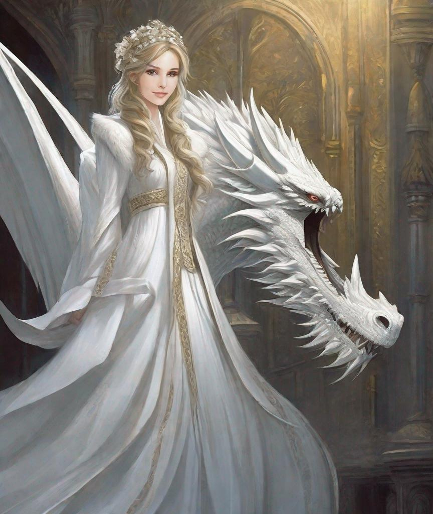 Prompt: Style of Daarken, Judith Desrosiers: full body shot, white dragon's body wrapped around the woman, a friendly, smiling scene, A white dragon with gentle, lovely eyes and a young woman in her early twenties, she has sparkling smile, 