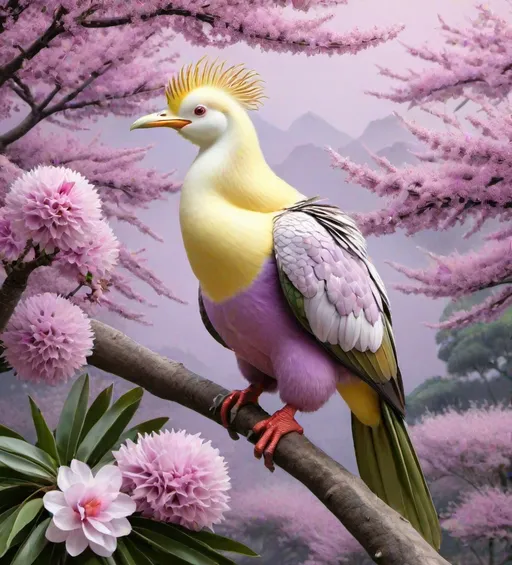 Prompt: a very rare durian bird with lavender feathers similar to a pelikan, flying side in Japanese cherry blossom tree garden view photorealistic photo