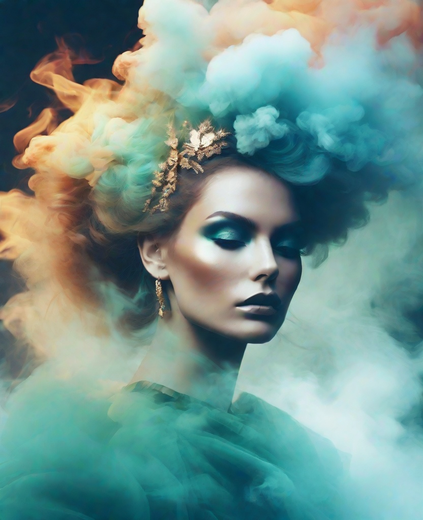 Prompt: fashion goddess, double exposure, smoke and mirrors, bifrost color theme 