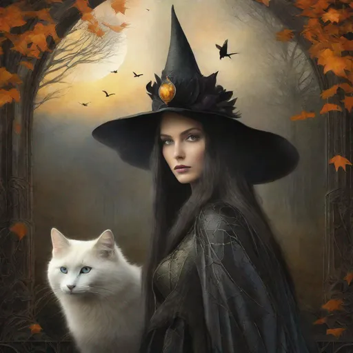Prompt: A beautifull gothic witch and her fluffy bicolor magical cat art style by Marianne Stokes, David Spriggs, Masaaki Sasamoto,  Christian Schloe, endre penovac, catrin welz Stein, Mondrian, James jean. High quality, highly detailed, intricate details.dynamic lighting award winning fantastic view ultra detailed high definition hdr focused glow shimmer