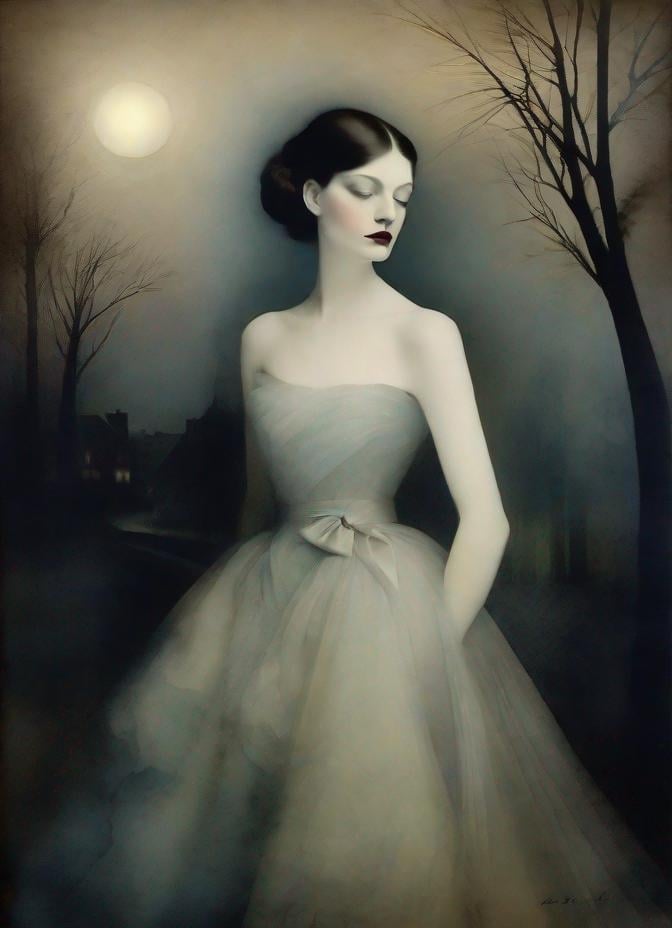 Prompt: The pretty mysterious woman with beautiful face, art by  Sarah Moon, Thomas Ruff, Cristobal Balenciaga, Monia Merlo, Nelleke Pieters, Elger Esser. Night Foggy Empty street background, rim lighting reflection, 3d, watercolors and ink, beautiful, fantastic view, extremely detailed, intricate, best quality, highest definition