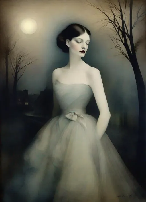 Prompt: The pretty mysterious woman with beautiful face, art by  Sarah Moon, Thomas Ruff, Cristobal Balenciaga, Monia Merlo, Nelleke Pieters, Elger Esser. Night Foggy Empty street background, rim lighting reflection, 3d, watercolors and ink, beautiful, fantastic view, extremely detailed, intricate, best quality, highest definition