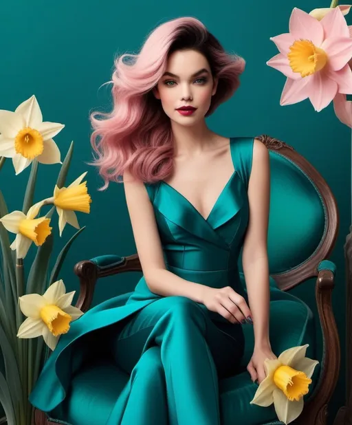Prompt: Darling dazzling Diane, a deep dark daydreamer  dame with delirious destiny daffodil dragon, colors: dull turquoise, dusty rose, Deep teal. style by Dan Brereton, Garance Dore, Judith Desrosiers, Sophie Delaporte