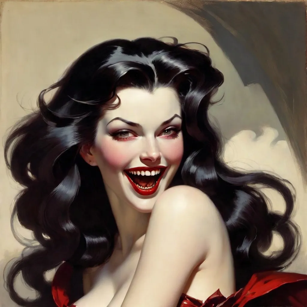 Prompt: laughing vampire woman with long fangs. Beautiful. Pale skin. Ruby lips. Dark flowing hair. Art by Gil Elvgren.