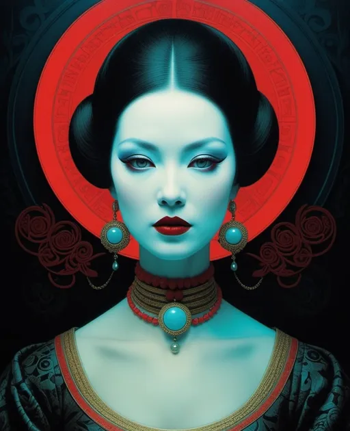 Prompt: Bad things happen when you say her name, her evil spirit is powerful, Don't be deceived by her pretty face, Blacklight paint, Anaglyph art style by catrin welz-stein, Michael hussar, tom bagshaw, Yoshitaka Amano