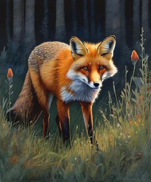 Prompt: midsummer fox, early hours just before sunrise, wildlife art 