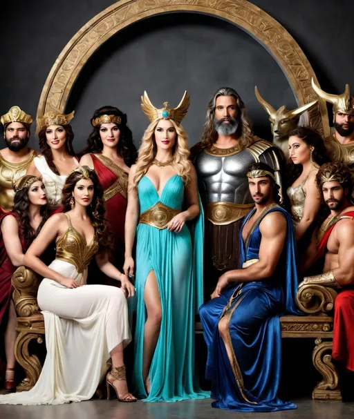 Prompt: Vaudeville Greek Mythology: Photo-realistic photo, Zeus and Hera posing, with the other gods and goddesses, for a family portrait 