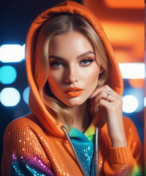 Prompt: Style by David Bellemere, Dana Trippe, Colorful chameleon hoodie on a girl, bright colorful lipstick, eyeliner and eye shadow, metallic makeup, knit hoodie, orange lighting, 