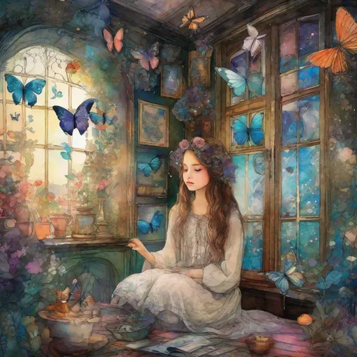 Prompt:  A cute girl in magical room with whimsical animals , butterflies and art by Florence Harrison, caia Koopman, catrin Welz Stein, Rosalba Carriera, pol Ledent, Doug Chinnery, Maud Lewis, Valerie Hegarty, Endre Penovac, Justin Gaffrey. inlay, watercolors and ink, beautiful, fantastic view, extremely detailed, intricate, best quality, highest definition, rich colours. intricate beautiful dynamic lighting award winning fantastic view ultra detailed 4K 3D high definition hdr 