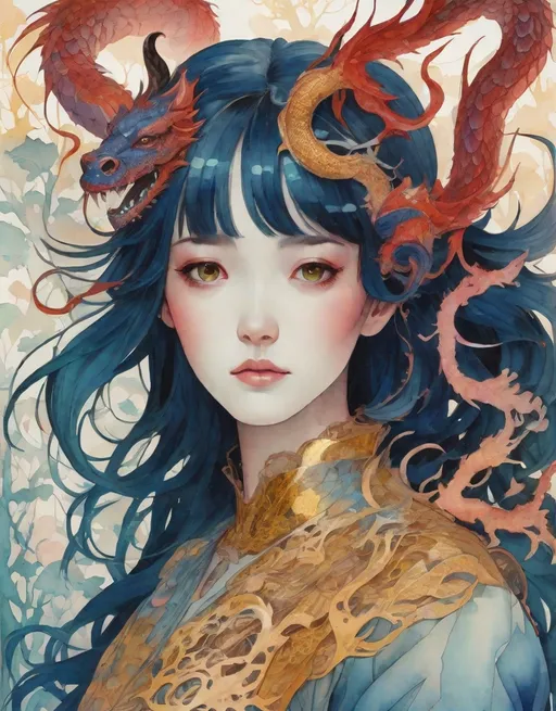 Prompt: the cheshire princess has found her joy: she has a mythical dragon protector. Whimsical Forest background. Android Jones, James Jean, takato yamamoto, Arthur Rackham. watercolor, volumetric lighting, maximalist, concept art, intricately detailed, elegant, expansive, 32k, fantastical, golden ratio principles, haunted, glass sculpture, honeycomb patterns, art by makoto shinkai, conrad roset. 3d, iridescent watercolors ink, polished finish, gradient chrome colors.