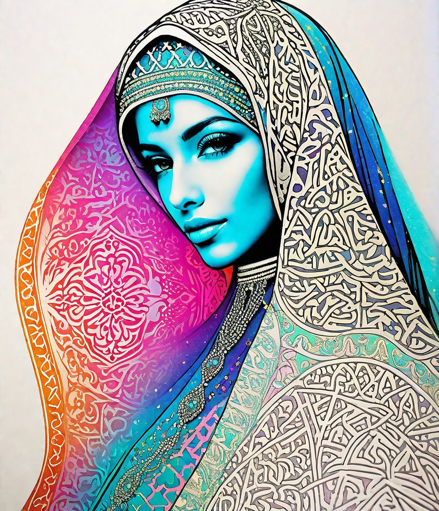 Prompt: colorful laser etched Arabic fashion design sketch pareidolia photograph 