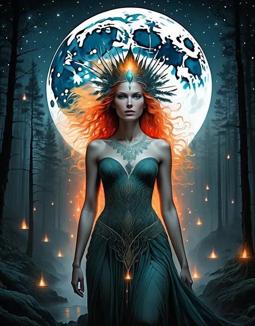 Prompt: Beautiful fire moonlight forest goddess , style by Beth Conklin, Aleksi Briclot, surreal dream. Extremely detailed, intricate, beautiful, high definition 
