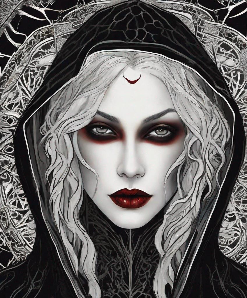 Prompt: remarkably beautiful pale woman in a form fitting silky black hooded robe with intricate black markings underneath her eyes. looks at an exact inverse of herself. byzantine inspired. lovecraftian dark priestess. cult of cthulu. whispy::2 black mist. full red lips. photonegative refractograph 